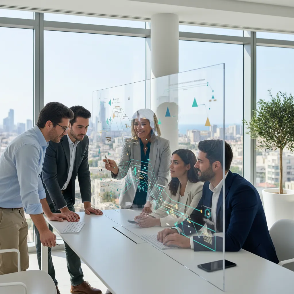 A team in a modern office discusses a product roadmap on a digital screen, demonstrating expert fractional CTO R&D leadership.
