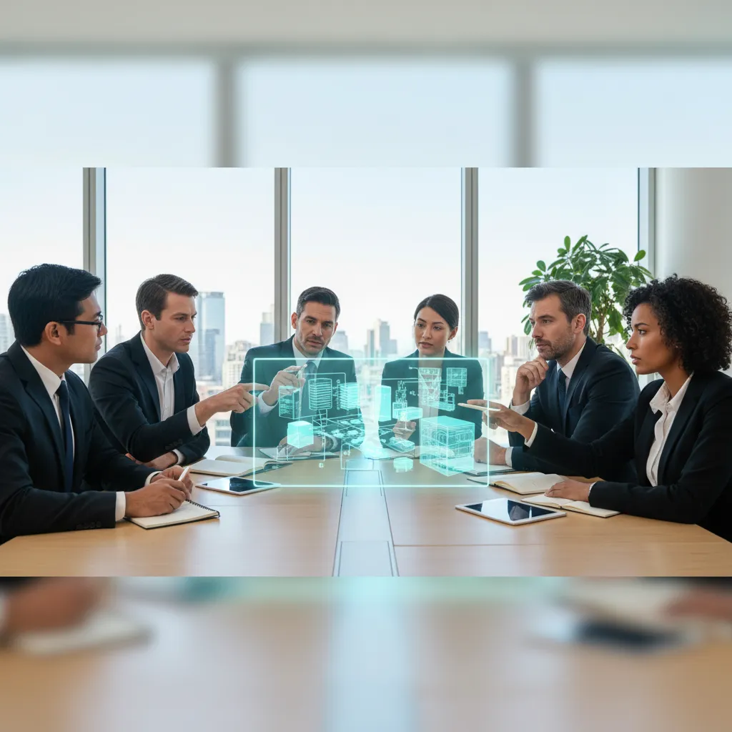 A team of professionals works with an IT consulting partner to review a strategic architectural model of their business systems.