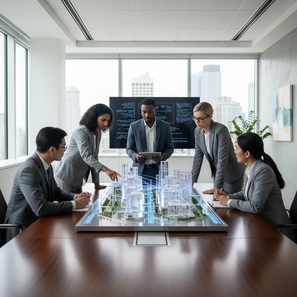 A team of professionals who evaluate AI companies by collaboratively reviewing a strategic architectural model of a project. – AI development company