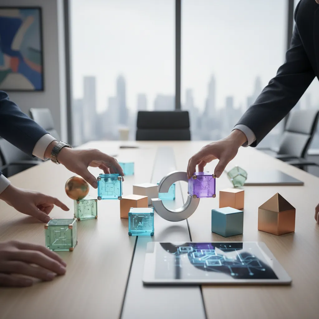 A team's hands build a framework with modular blocks, symbolizing the strategic choice between different AI types.