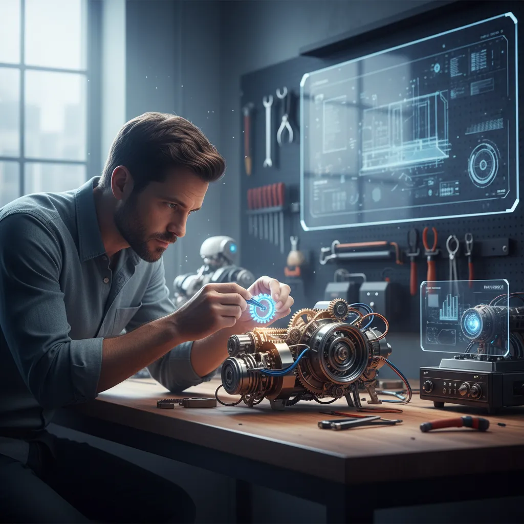 A CTO at a workbench integrates a glowing gear into a complex machine, symbolizing the return on investment from ai automations.
