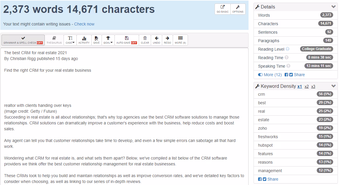 finding word count of content