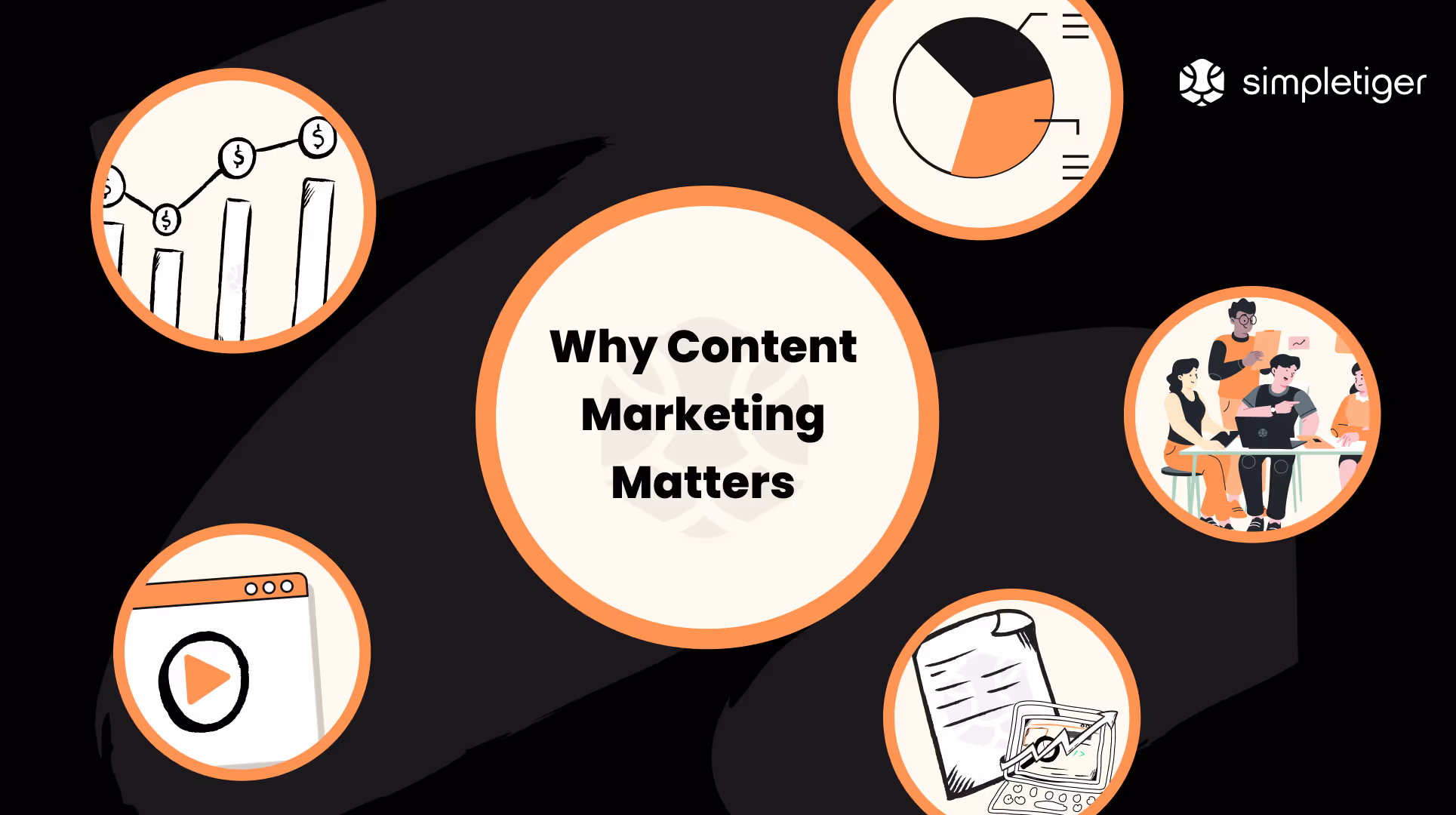 Illustration of various components of content marketing, including graphs, collaboration, and growth.