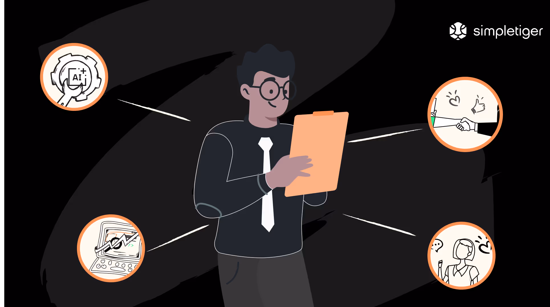Worker holding a clipboard with icons including a handshake, AI, and a computer screen.