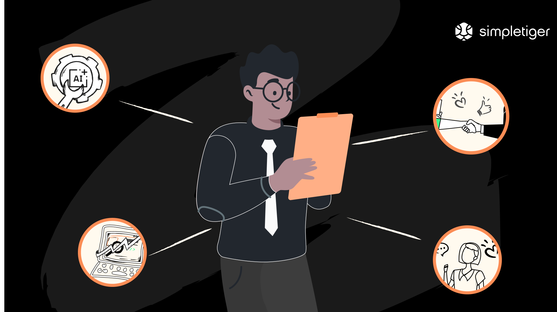 Worker holding a clipboard with icons including a handshake, AI, and a computer screen.