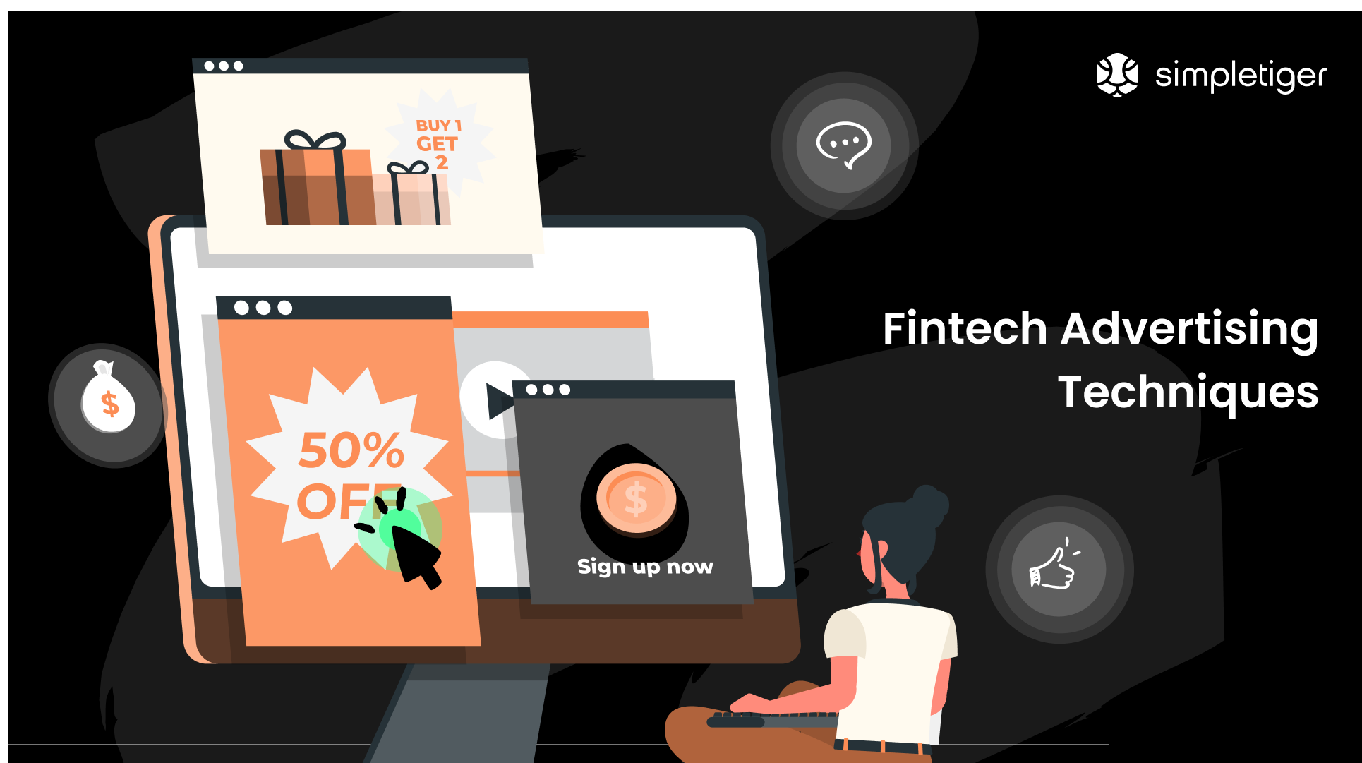 Illustration of a computer screen with ads offering discounts for sign ups.