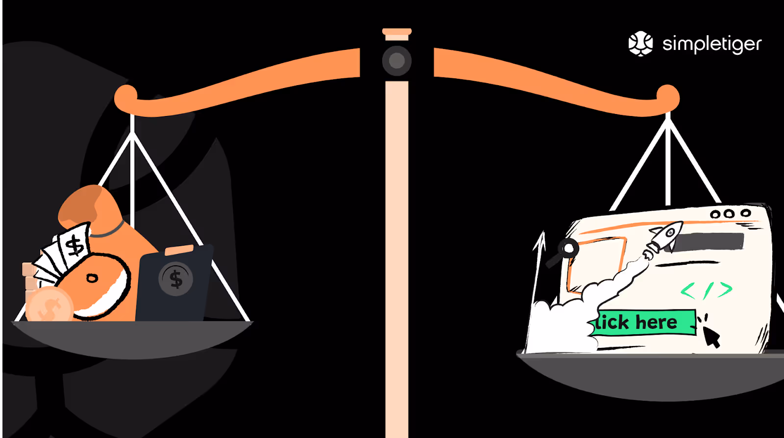 A scale with two elements; one with dollar signs and money bags, another with a website showing growth.