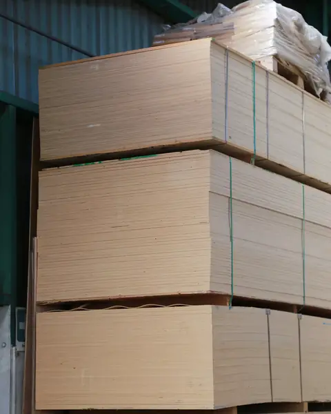 Stacked wood-based panels in a warehouse