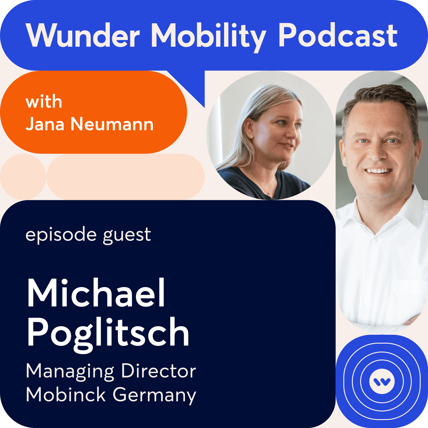 Promotional graphic for the "Wunder Mobility Podcast." The top section features a large speech bubble with the podcast name in white text on a blue background. An orange bubble on the left reads "with Jana Neumann" in white text. To the right are circular photos of the host, Jana Neumann, and the guest, Michael Poglitsch. Below, on a dark blue background, the text reads: "episode guest Michael Poglitsch, Managing Director, Mobinck Germany." The design includes abstract rounded shapes and a circular icon with concentric rings in the bottom right corner.
