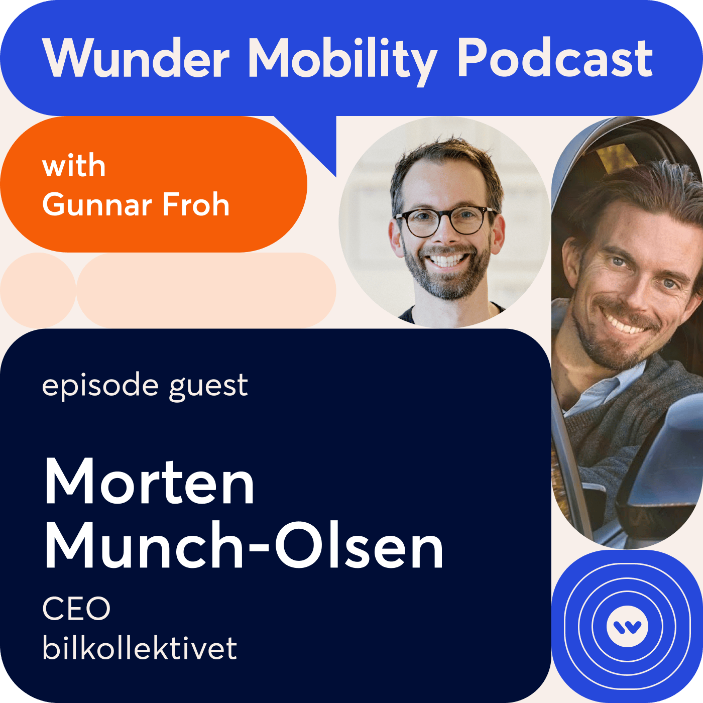 Promotional graphic for the "Wunder Mobility Podcast." At the top, a large blue speech bubble displays the podcast title in white text. An orange bubble on the left reads "with Gunnar Froh" in white. To the right are circular photos of host Gunnar Froh and episode guest Morten Munch-Olsen. Morten is smiling while sitting in a car. The bottom portion has a dark blue background with the text: "episode guest Morten Munch-Olsen, CEO, bilkollektivet." The design includes rounded abstract shapes and a circular icon with concentric rings in the bottom right corner.