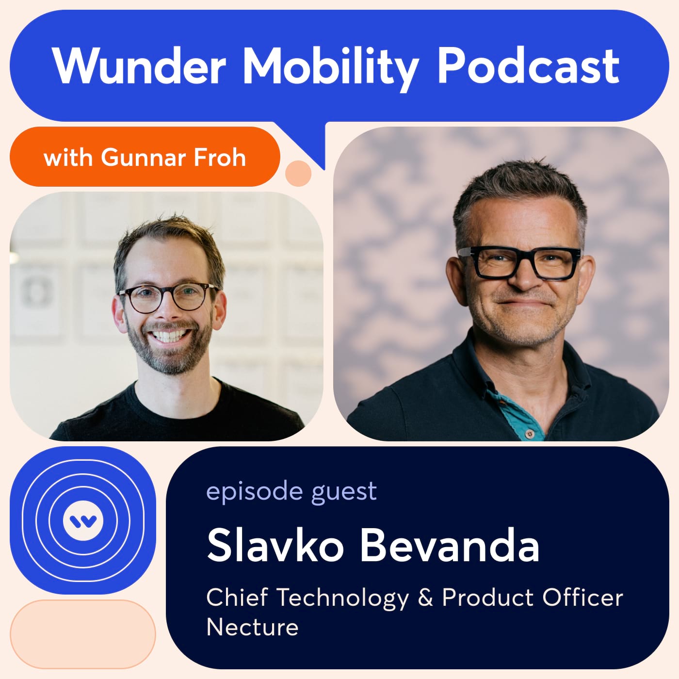 Werbegrafik für den Wunder Mobility Podcast mit Gunnar Froh. Links ist ein Porträtfoto des Hosts Gunnar Froh – ein Mann mit Brille, Bart und schwarzem T-Shirt, der in die Kamera lächelt. Rechts ist der Episodengast Slavko Bevanda zu sehen, Chief Technology & Product Officer bei Necture, ein Mann mit kurzem grau-braunem Haar und schwarzer Brille, der ein dunkles Poloshirt trägt und freundlich lächelt. Unten links befindet sich das Wunder-Mobility-Logo in Blau. Das Layout ist modern gestaltet in Beige, Blau und Orange.