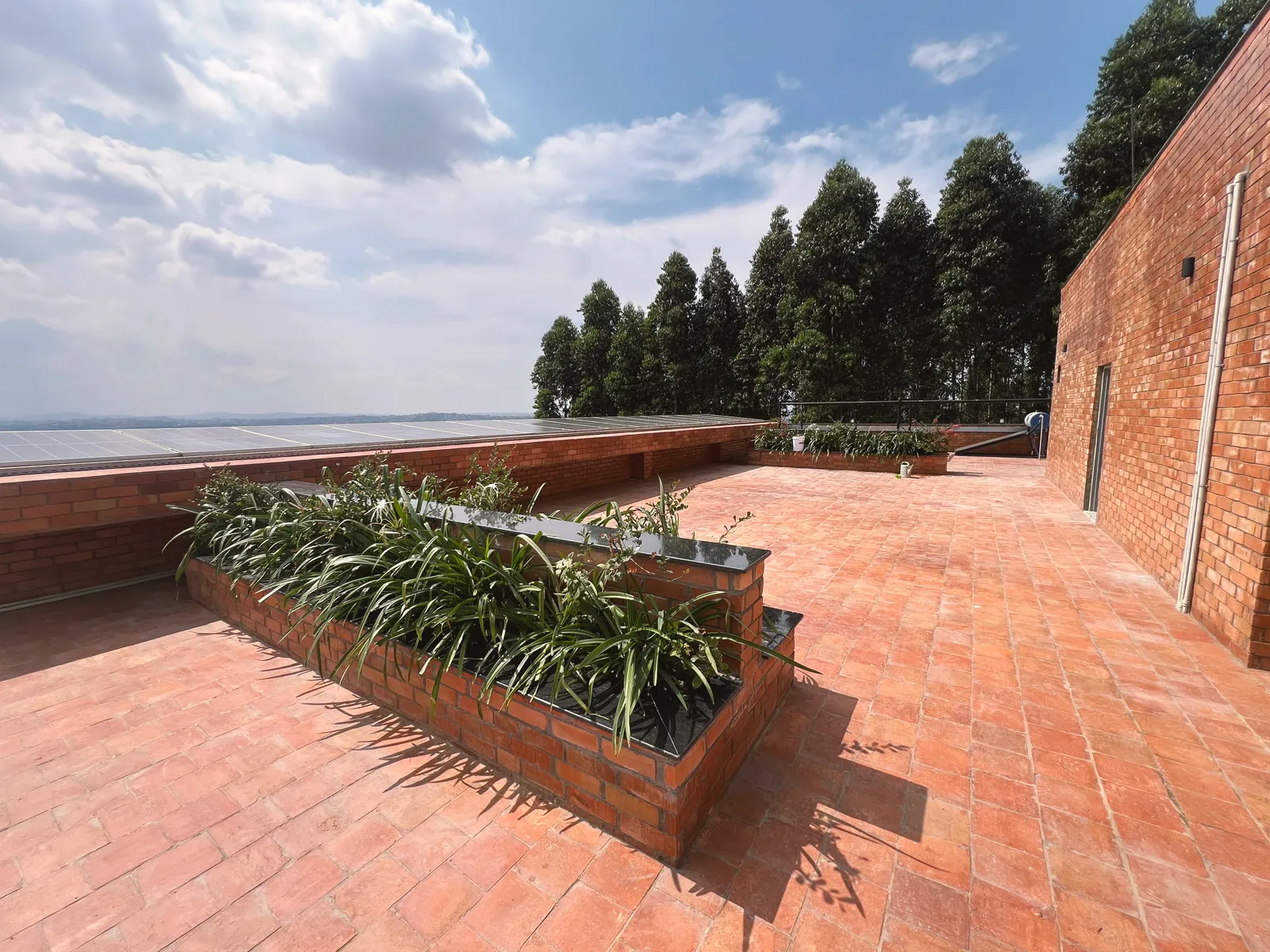Sunlit brick terrace with raised planters holding green plants, solar panels along the edge, and tall trees in the background under a partly cloudy sky. Sonde Residential Remodel by Elevate Holdings Limited.
