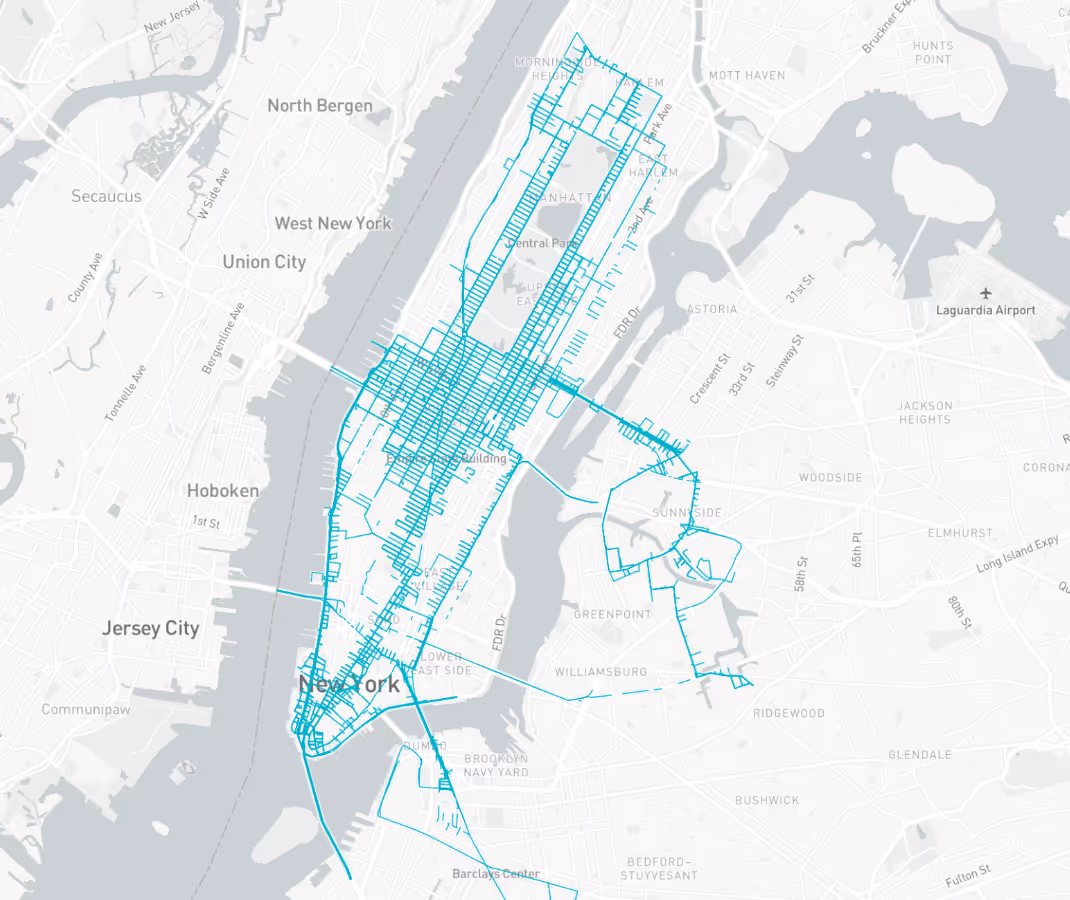 A map of New York City showing the routes that transit vehicles drove during an out-of-home ad campaign