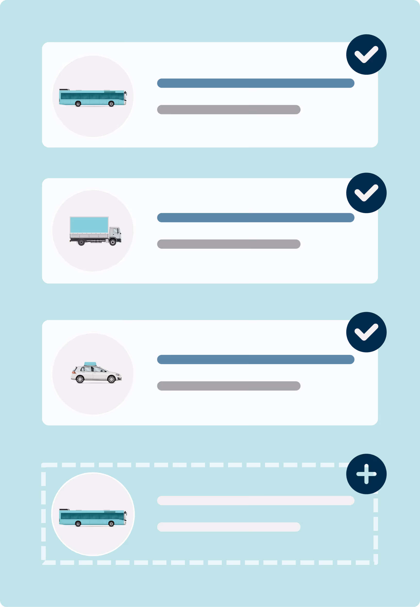 A list of vehicles that have checkmarks next to them after being onboarded to the platform