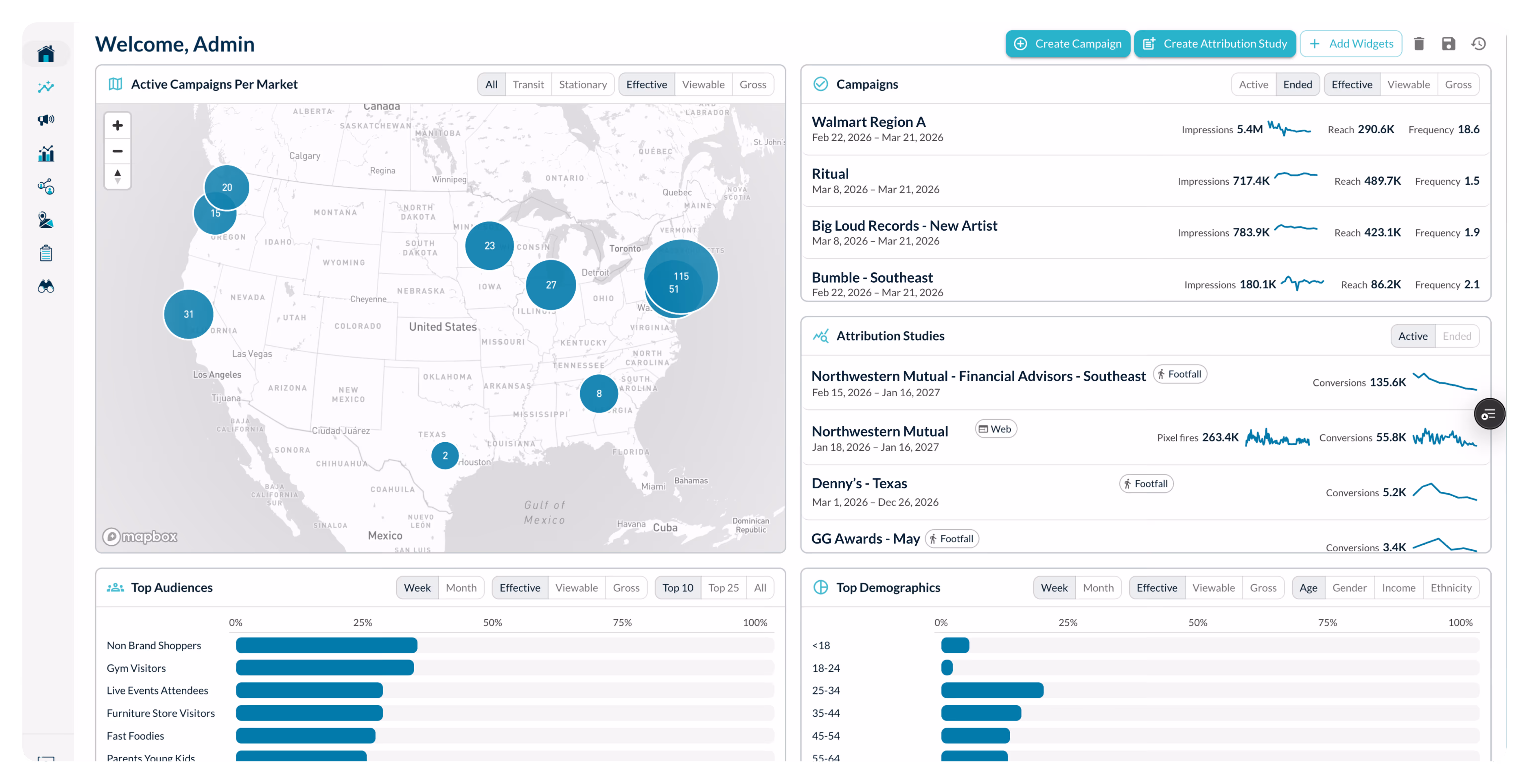Campaign Manager view showing out-of-home campaigns and a live map of vehicle routing