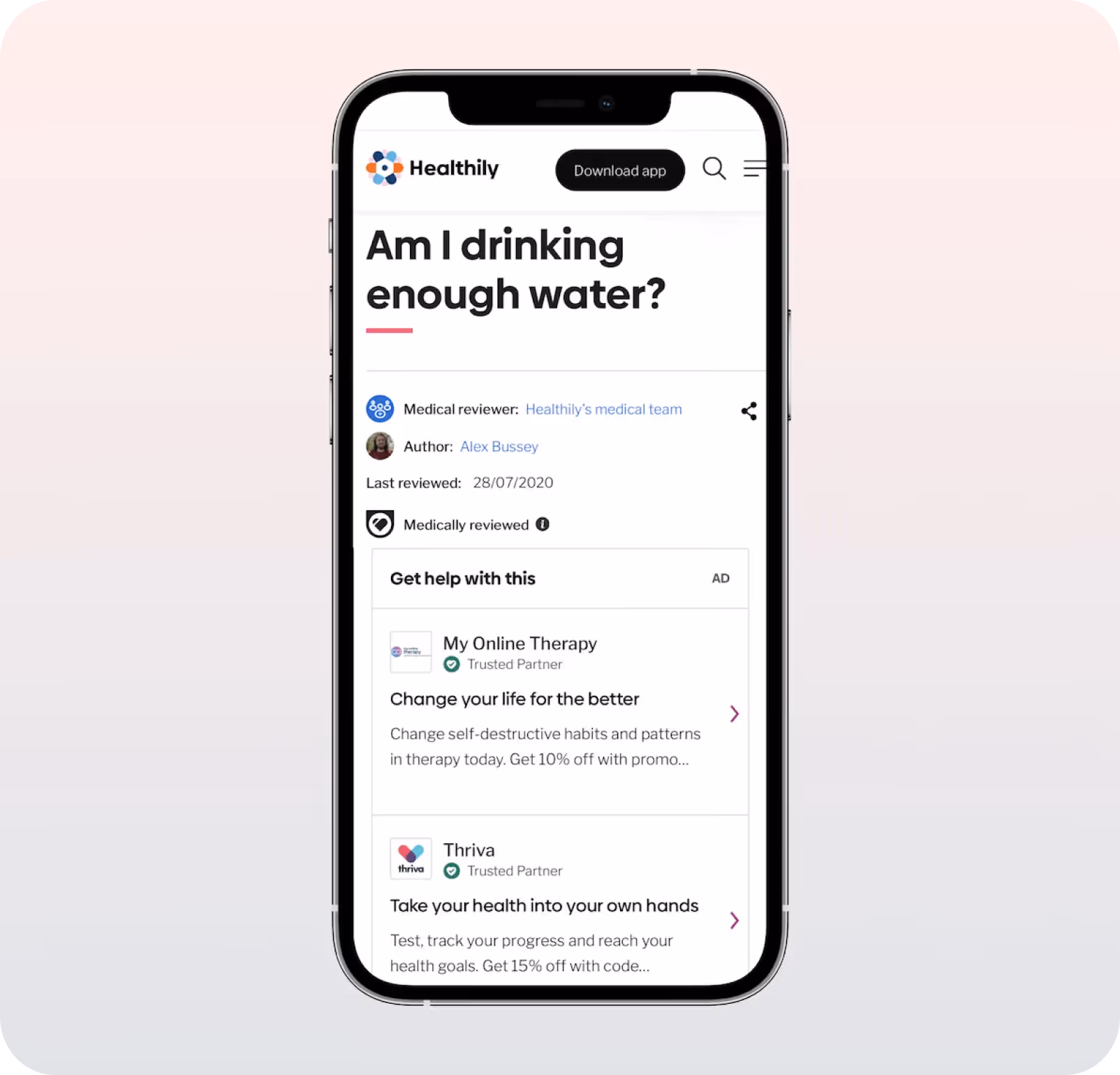 a native text ad inside the healthily app