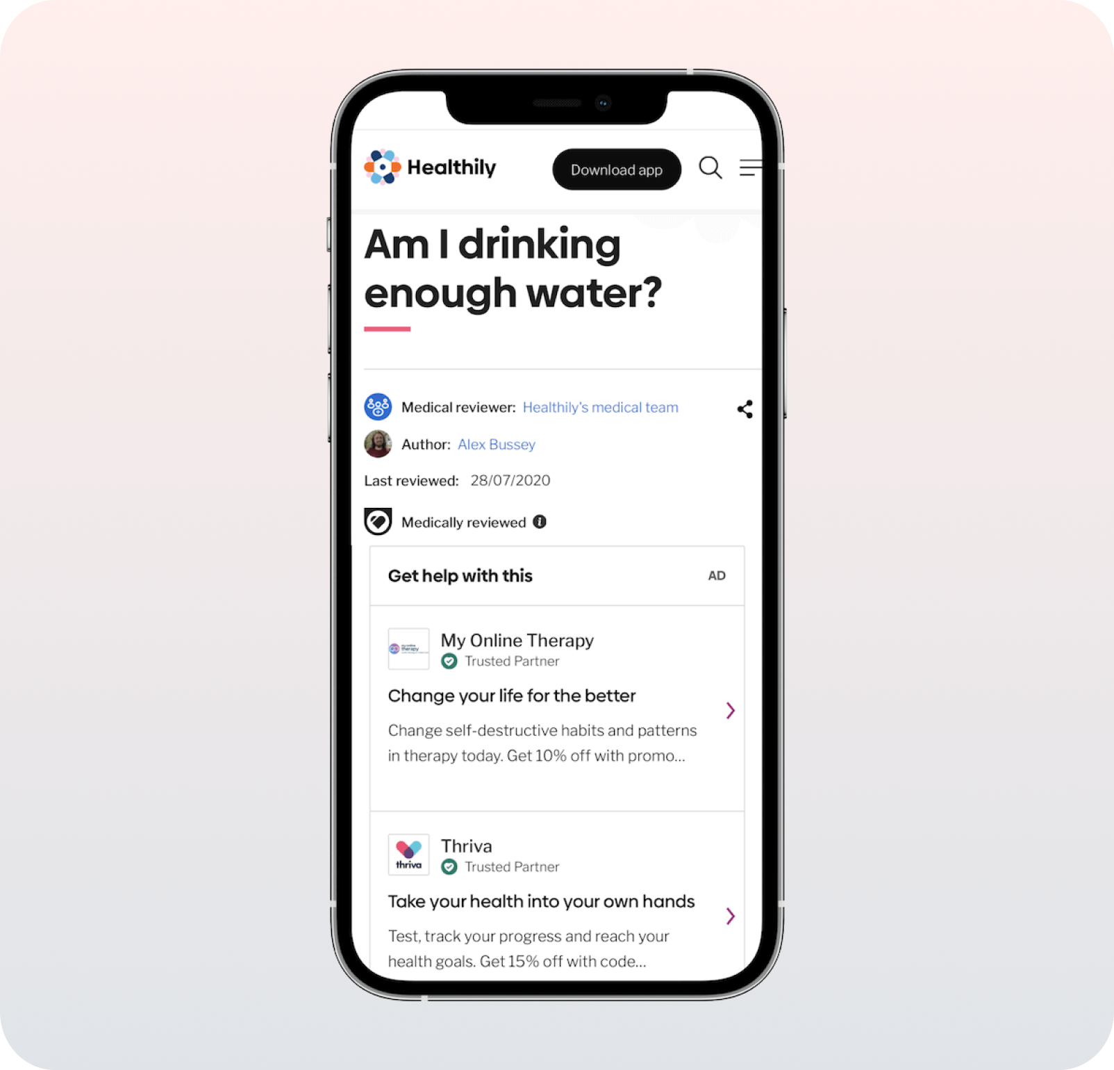 a native text ad inside the healthily app