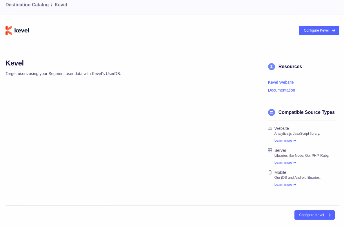 Kevel's listing in Segment's Destination Catalog