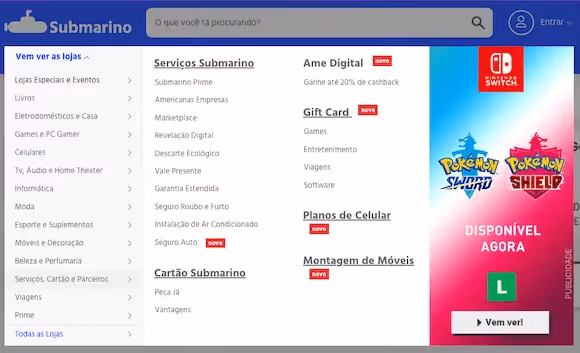 Submarino drop-down menu ad