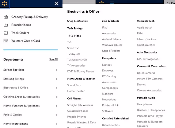 Walmart drop-down menu