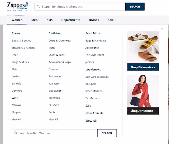 Zappos drop-down menu with Birkenstock promotion