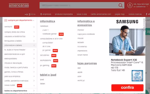 Americanas drop-down menu ad