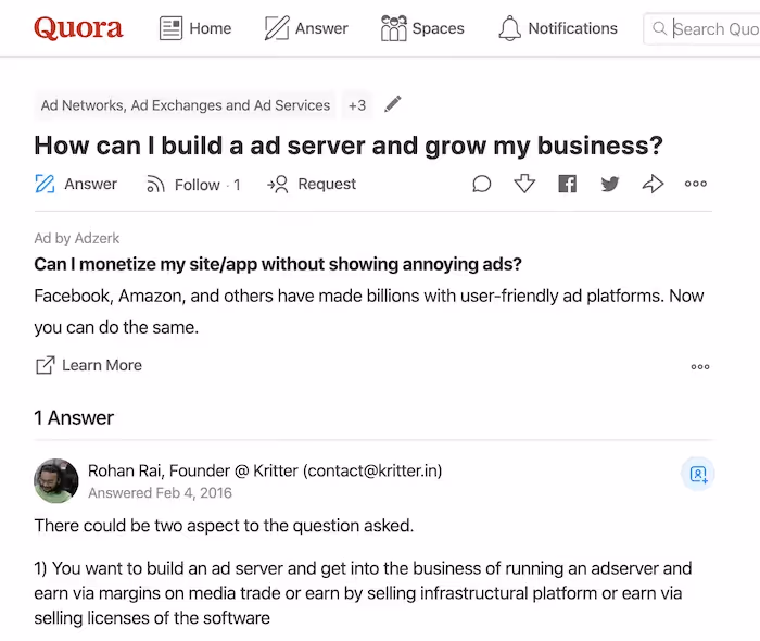 Quora sponsored listing