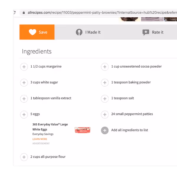 Allrecipes site with sponsored ingredient