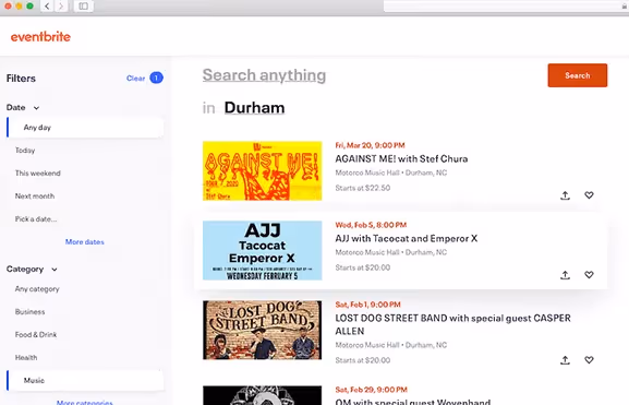 Eventbrite website event listings example