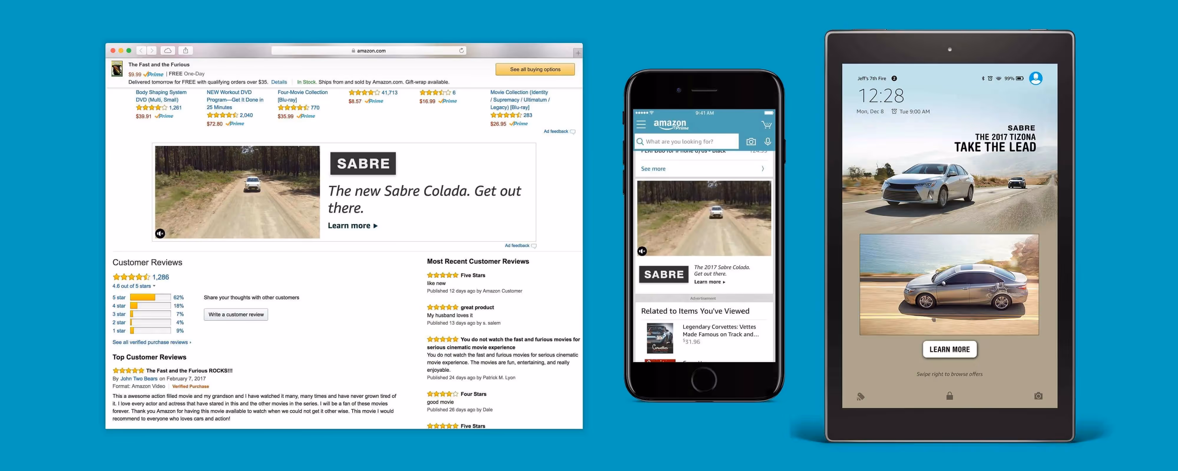 Screenshot compilation of Amazon Ads' video shelf unit featuring various video ads of the Sabre car brand