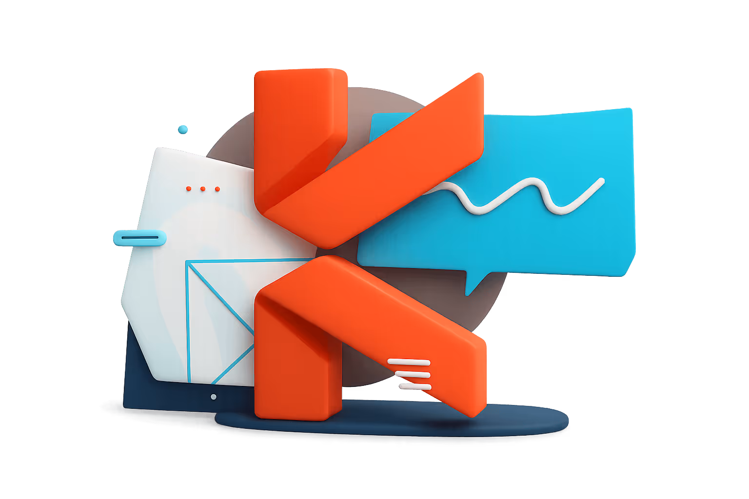 3D illustration of red checkmark overlaid on blue speech bubble and envelope on a dark base.