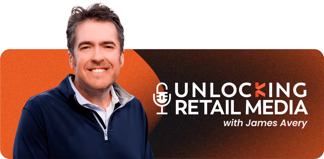 James Avery in a navy blue quarter-zip sweater with white collared shirt stands next to text reading Unlocking Retail Media with James Avery.