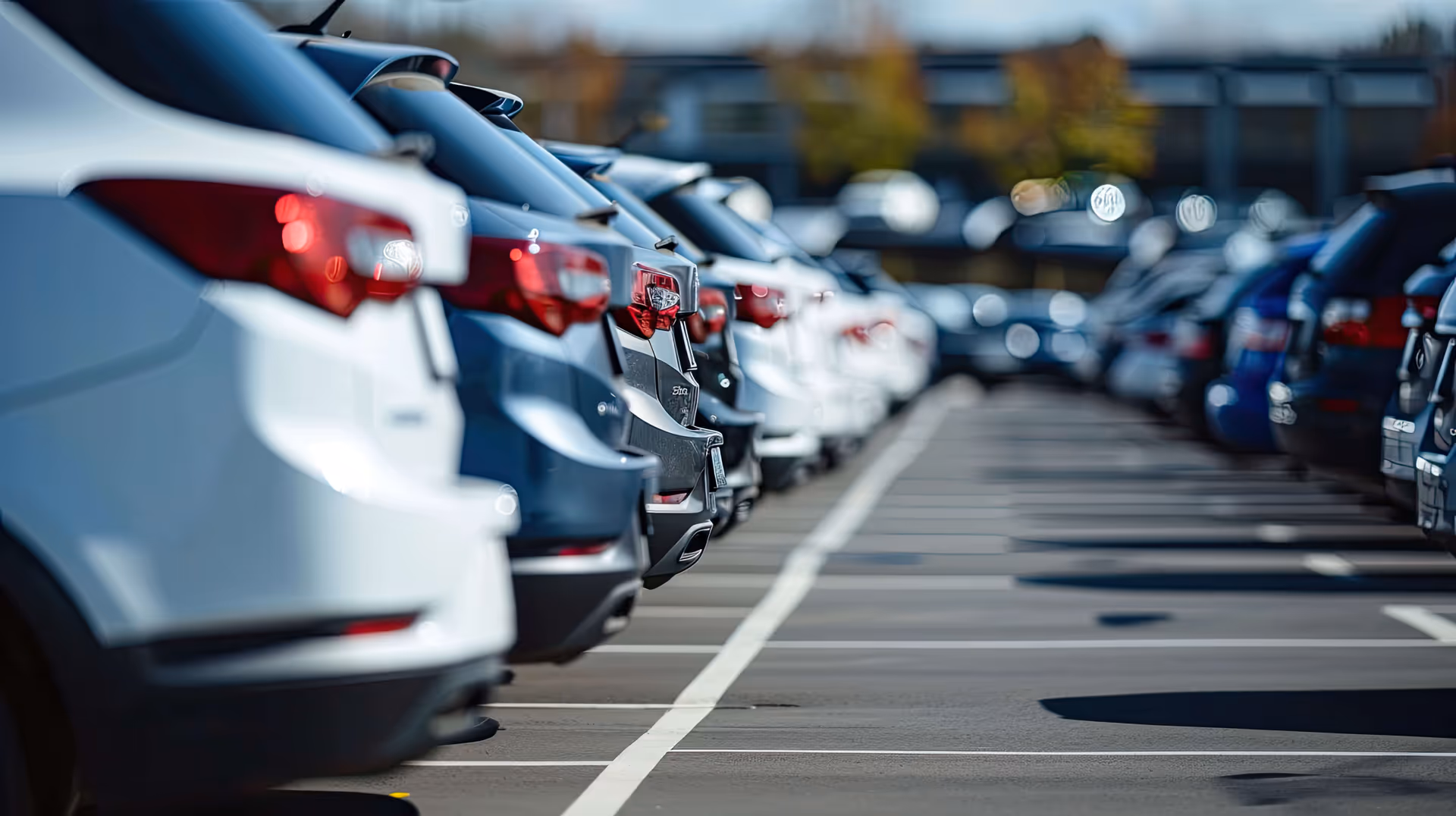 Row of parked cars aligned in an outdoor parking lot under daylight.