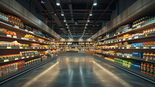 Wide aisle in a modern supermarket with fully stocked shelves on both sides displaying packaged food items and drinks.