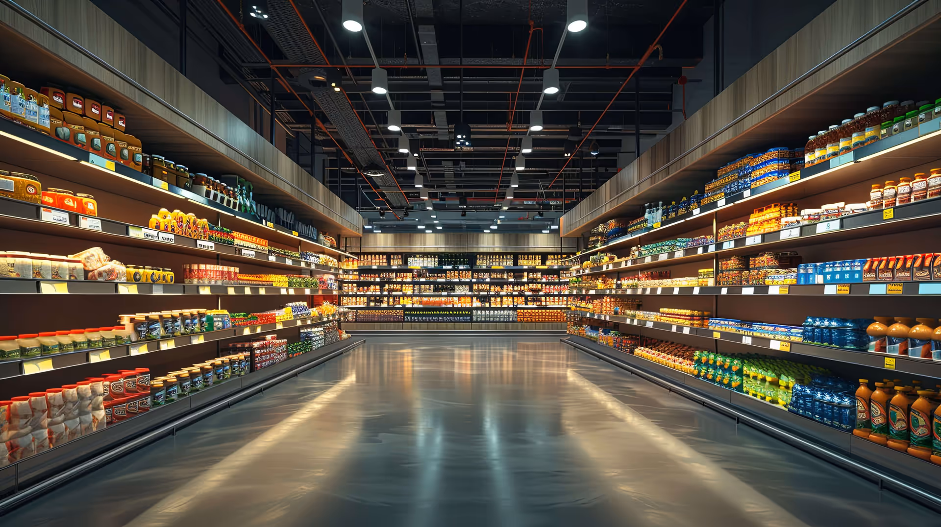Wide aisle in a modern supermarket with fully stocked shelves on both sides displaying packaged food items and drinks.