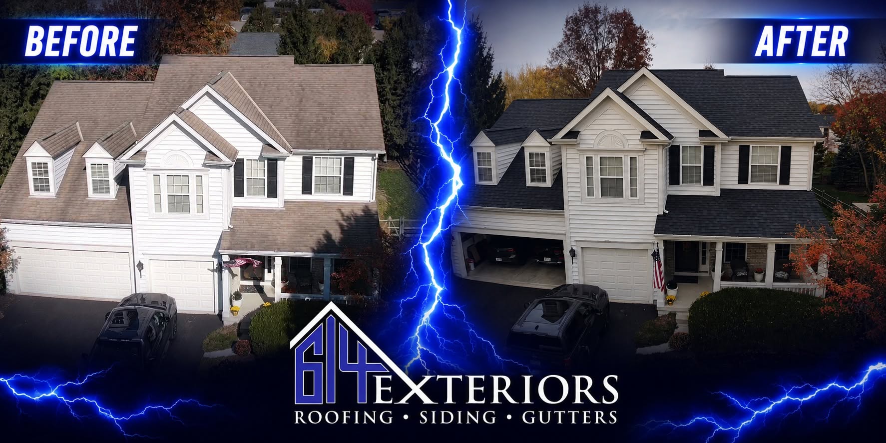 Before-and-after view of a Columbus home with a new black shingle roof installed by 614 Exteriors after storm damage.