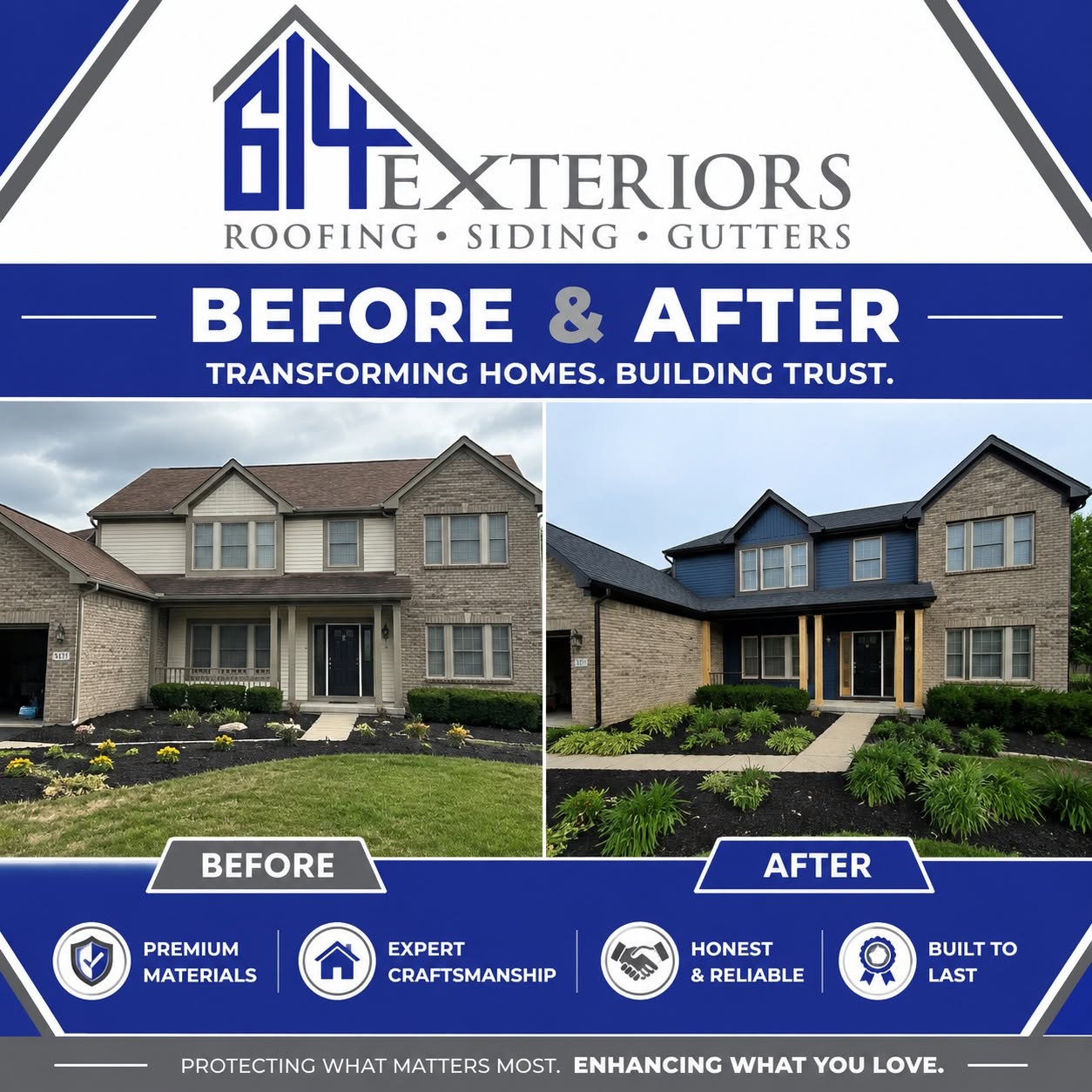 Before-and-after home exterior renovation by 614 Exteriors featuring a new black roof, blue siding, gutters, and updated landscaping.