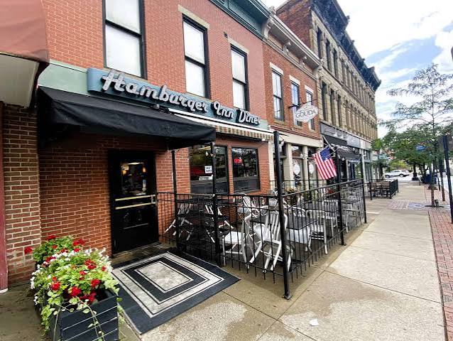 Historic downtown Delaware, Ohio storefronts and sidewalk dining area