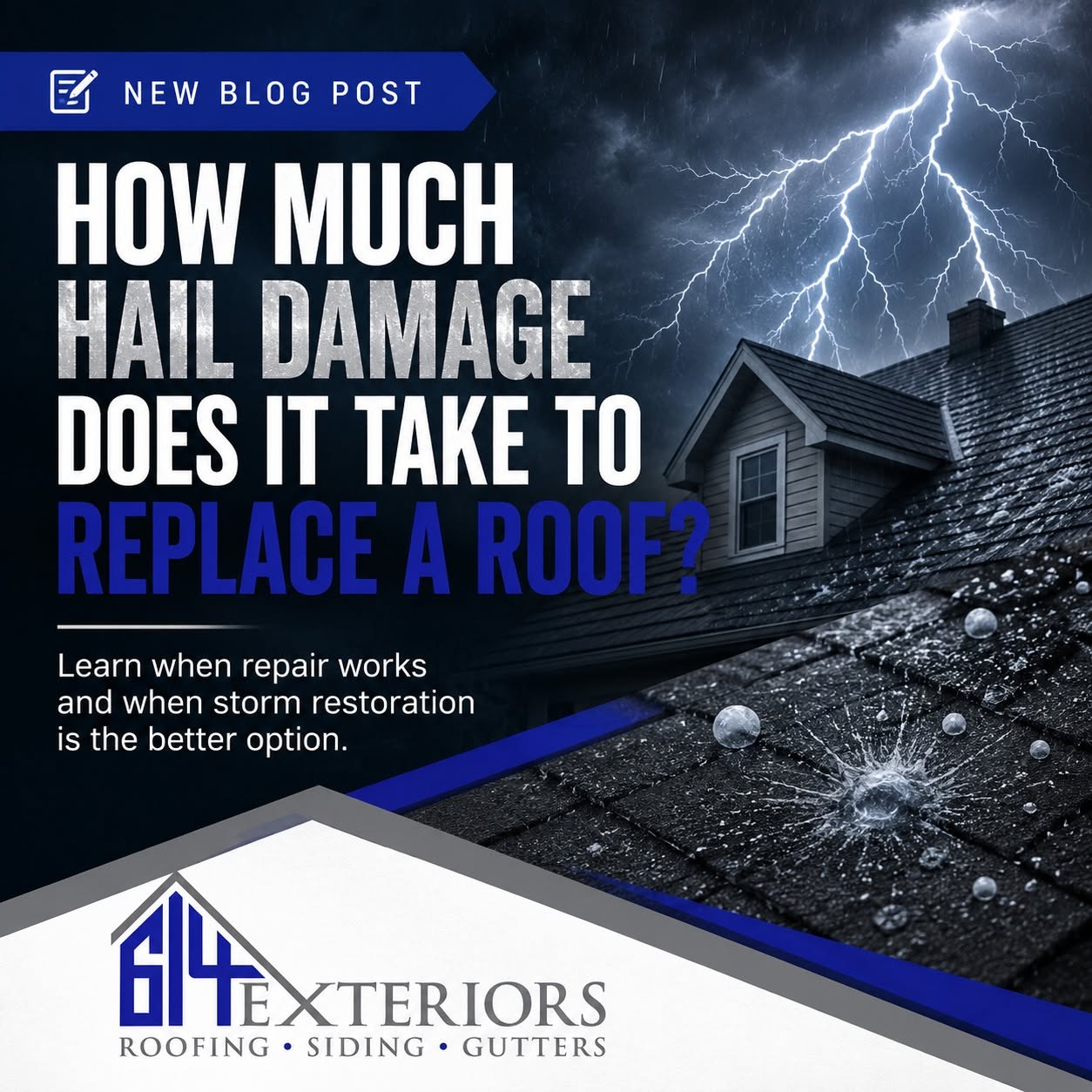 614 Exteriors storm damage roofing graphic explaining how much hail damage may require a roof replacement.
