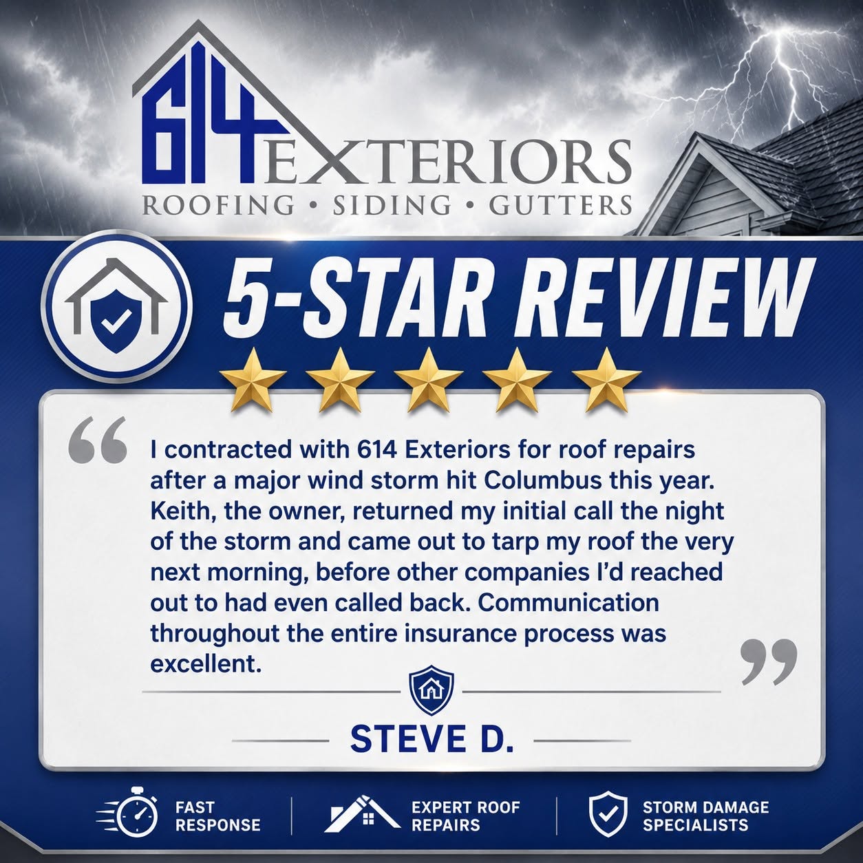 614 Exteriors five-star customer review highlighting fast response, roof repairs, and storm damage service in Columbus.
