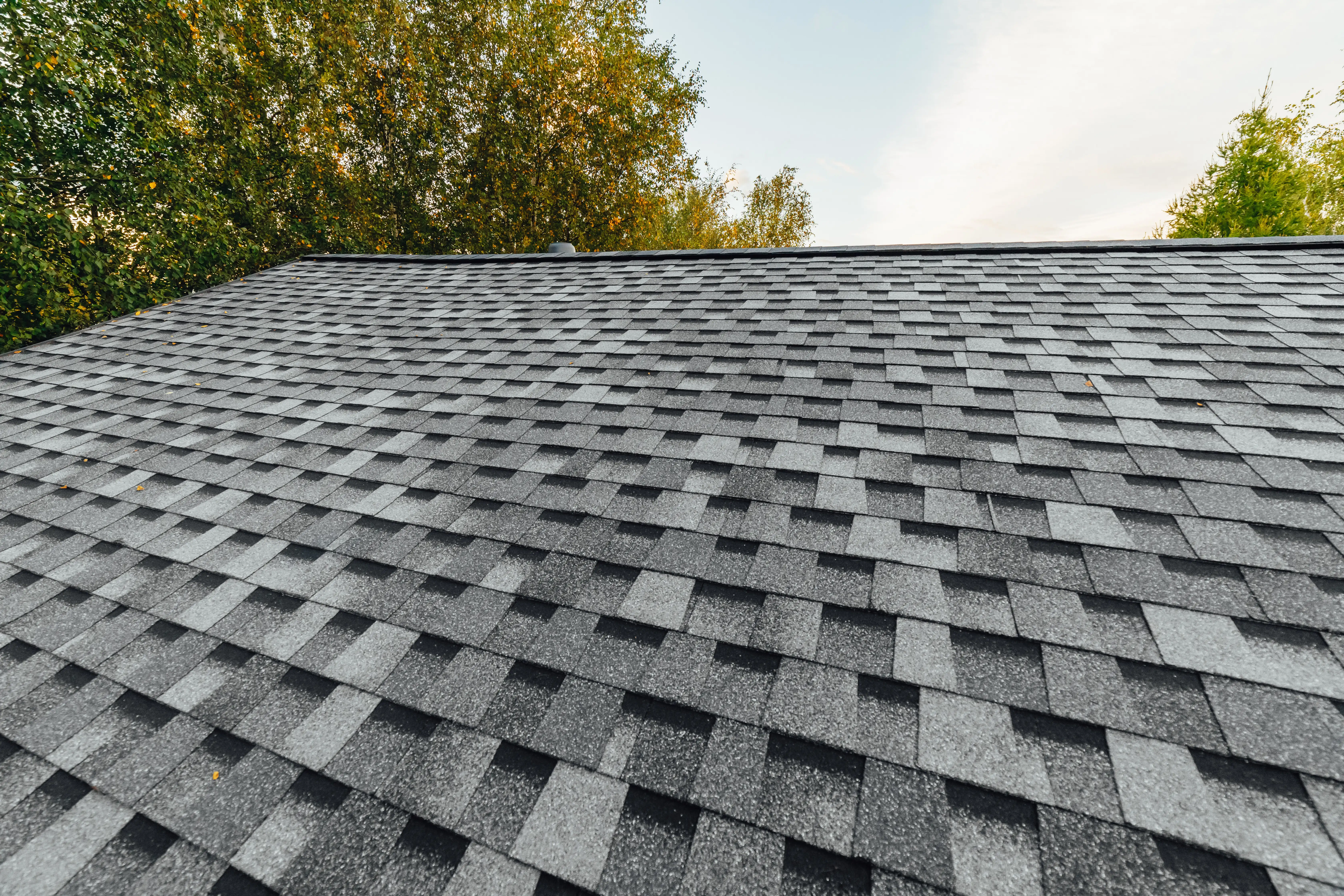 Close-up of dark gray architectural shingles installed on a residential roof