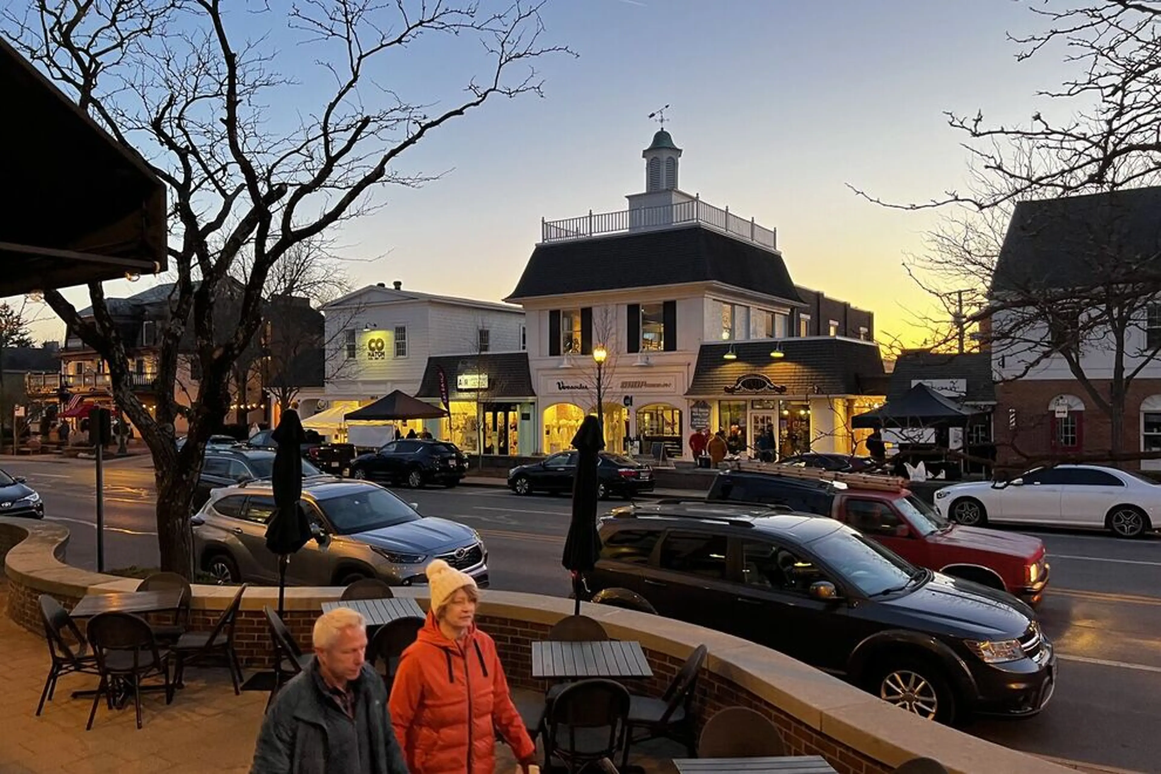 Downtown Worthington, Ohio shops and restaurants along High Street at sunset
