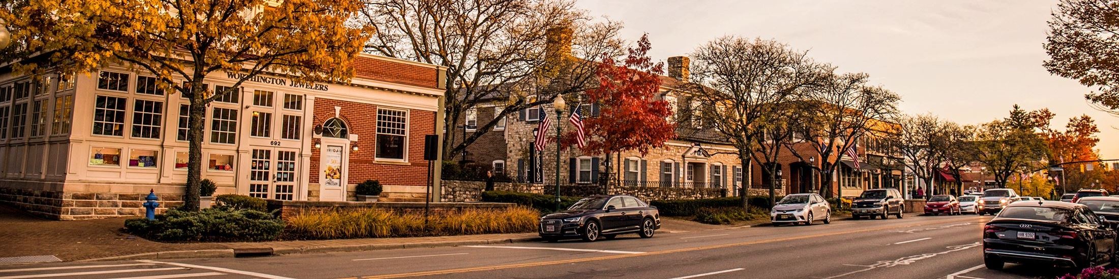 Historic downtown Worthington, Ohio streetscape along High Street during fall