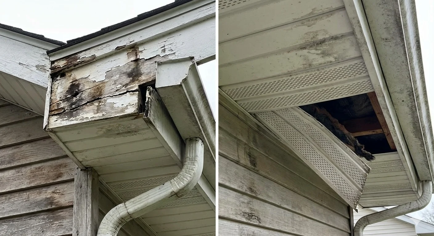 Examples of severe soffit and fascia damage with rotted wood, peeling paint, and missing soffit panels