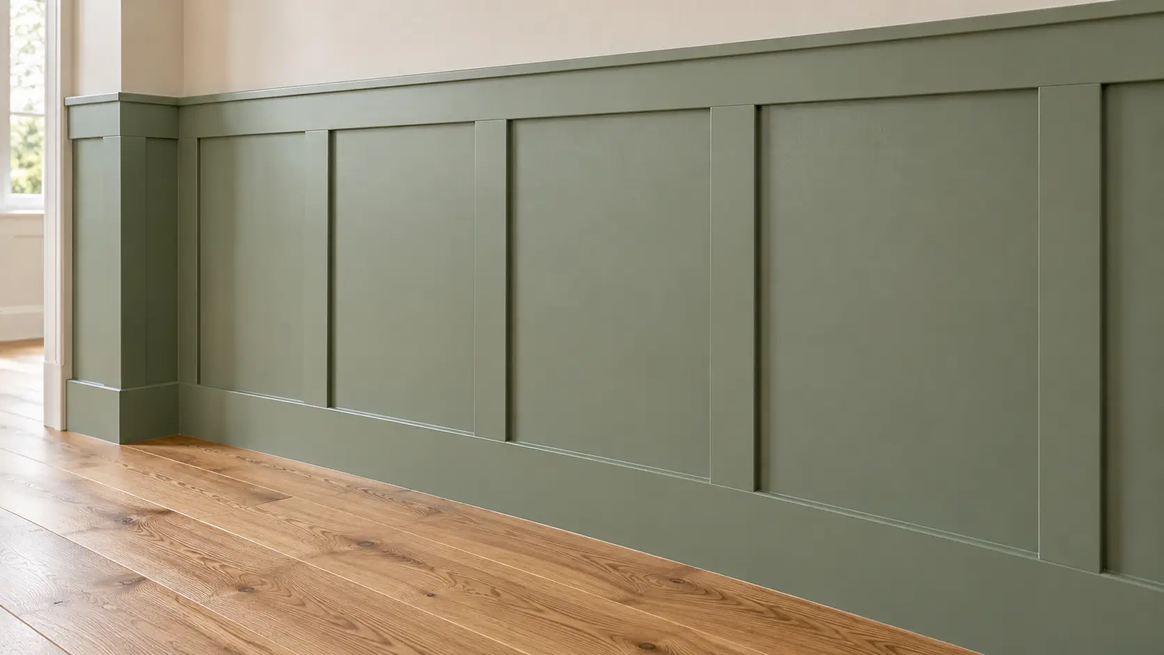 Sage green Shaker-style panelling with broad square-edged strips.