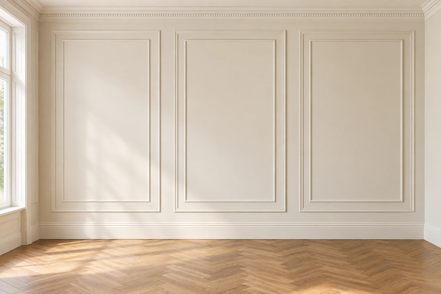 Double rectangular picture-frame mouldings on a cream wall.