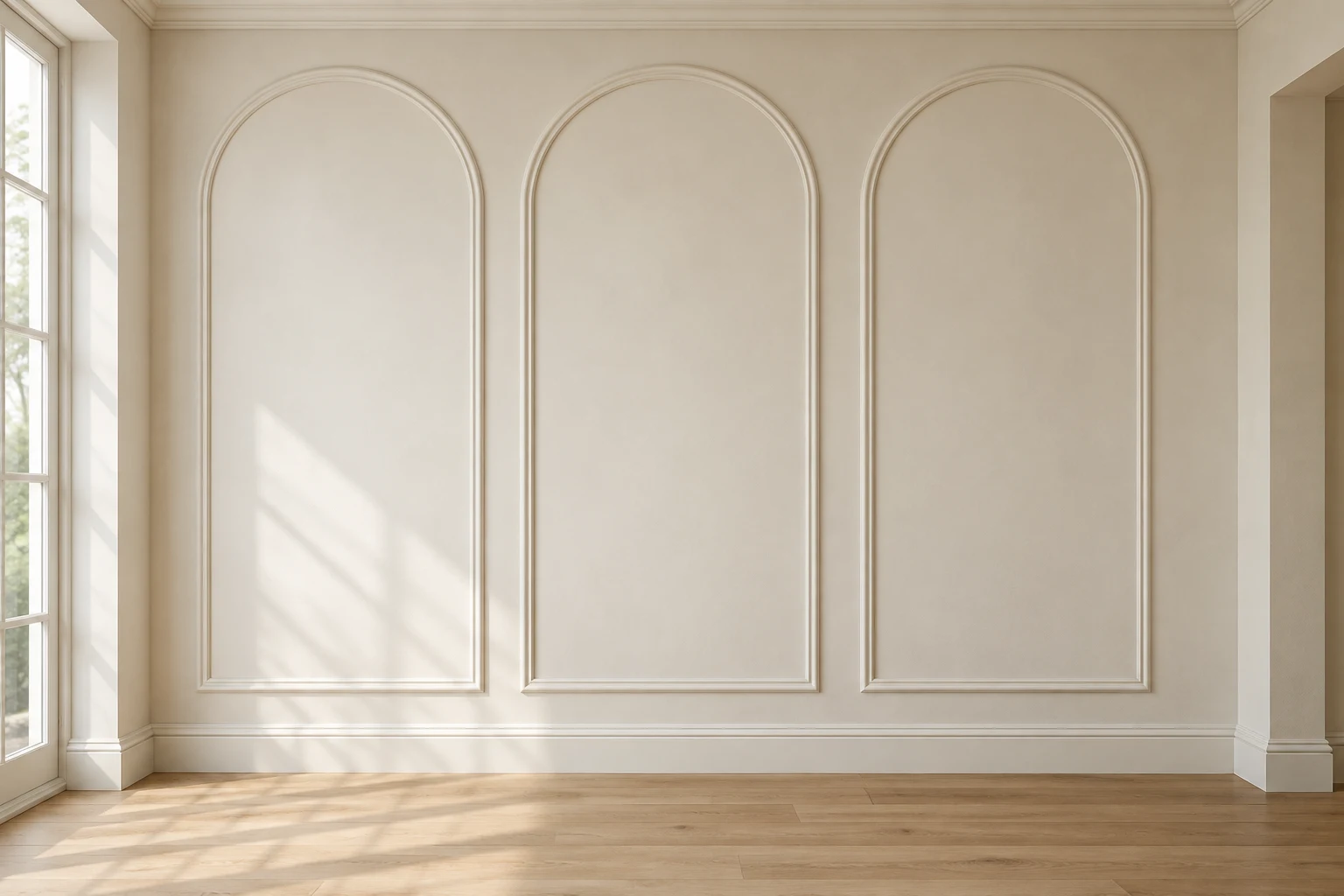 Three tall arched moulding frames on a cream wall.