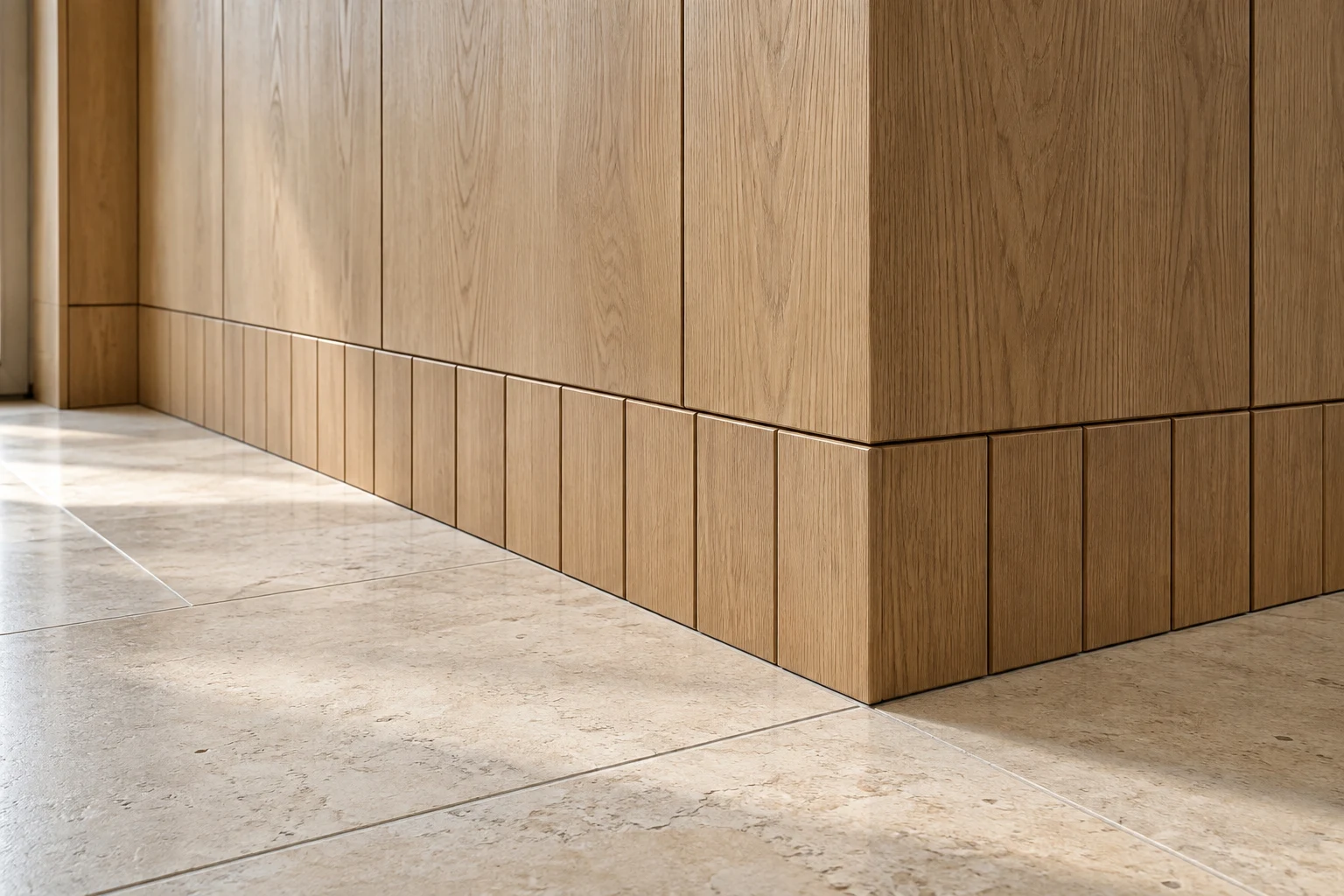 Panelled skirting continuing the wall cladding