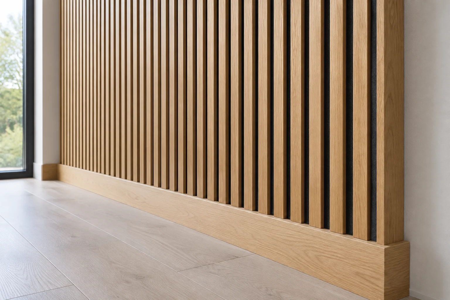 Vertical oak slats with recessed dark backing.