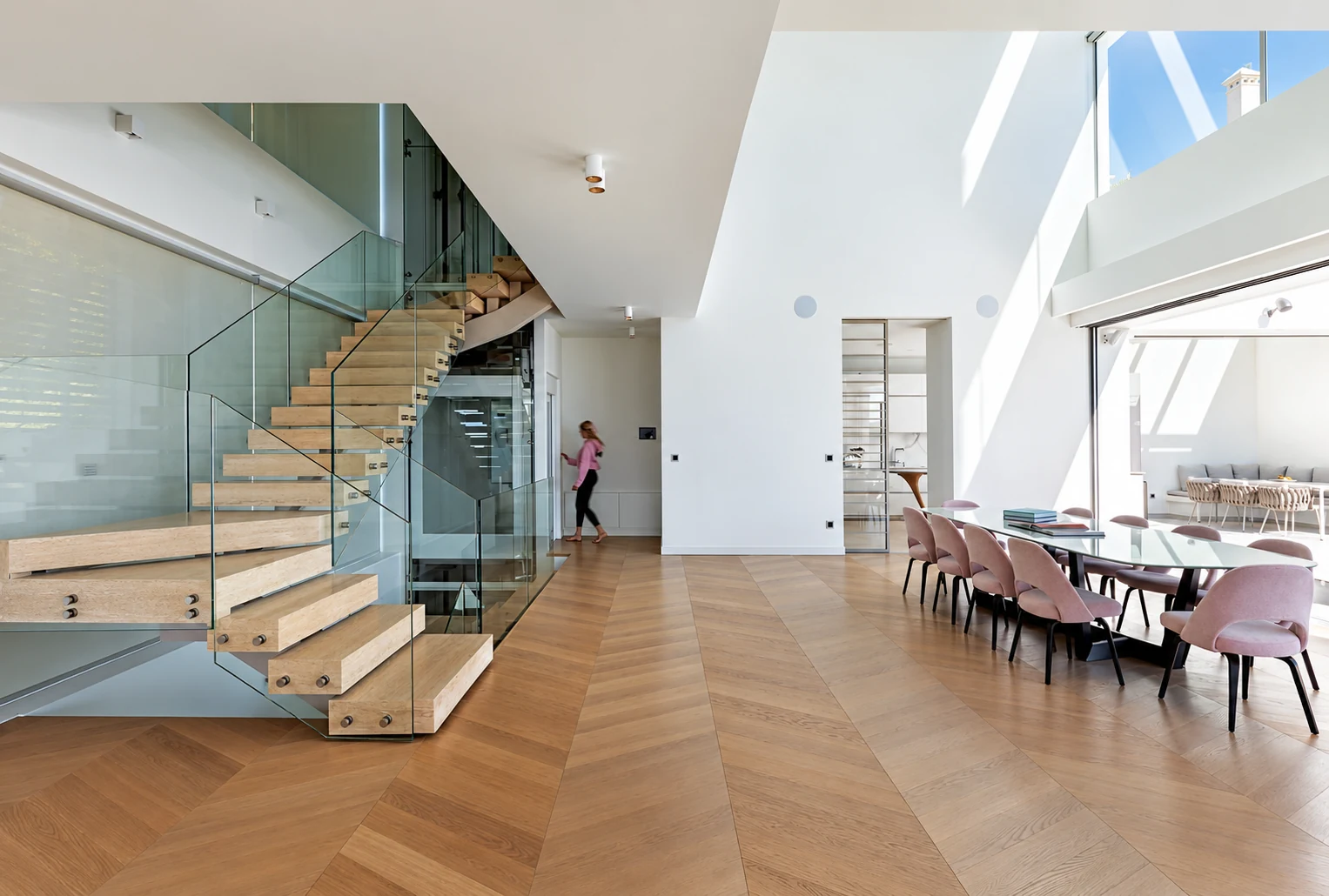 Oak, travertine and glass.